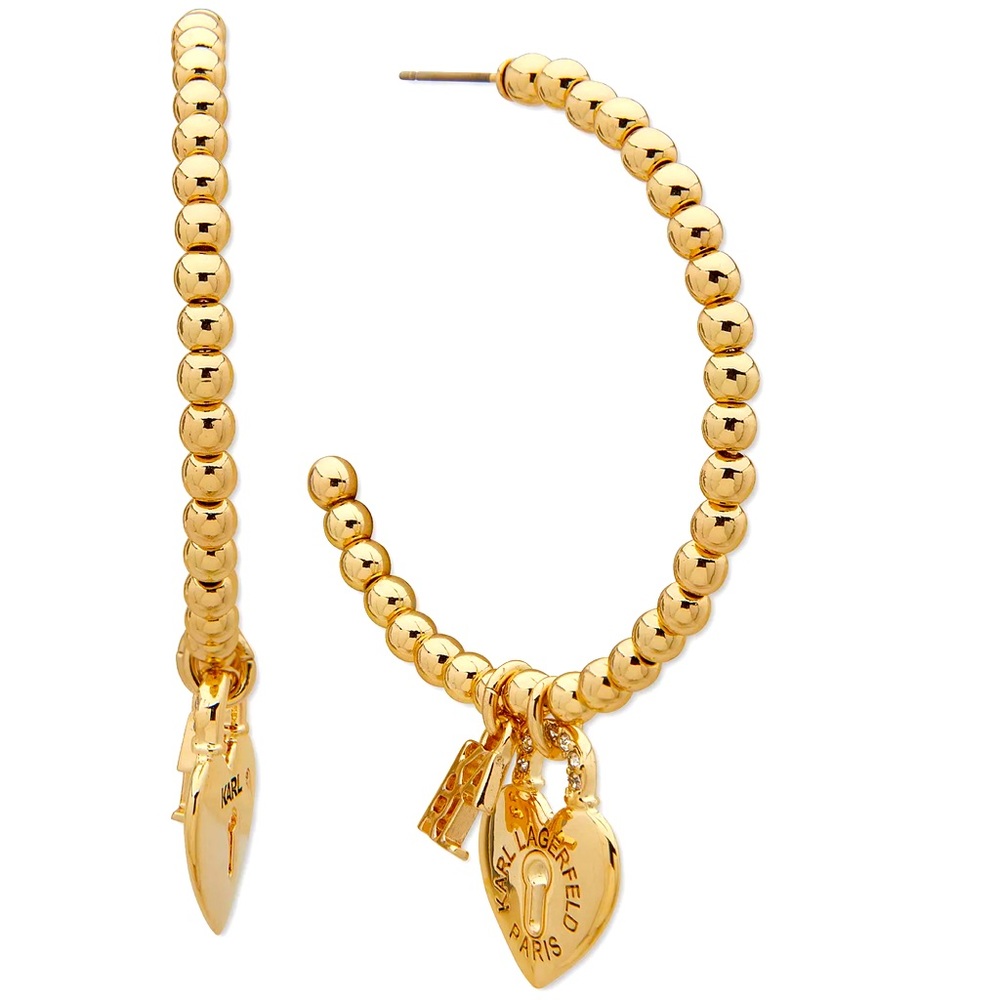 KARL LAGERFELD PARIS Gold-Tone Logo & Pavé Heart Padlock Charm Beaded C-Hoop